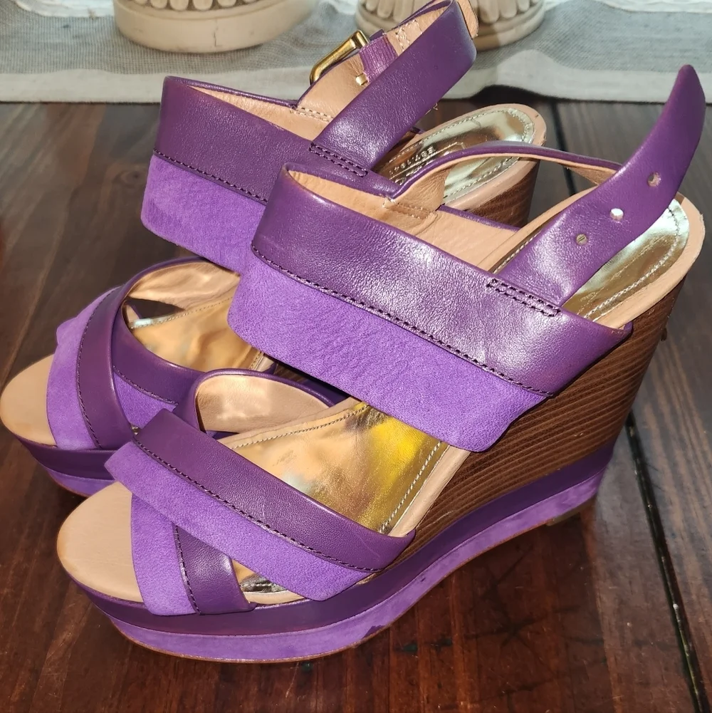Coach Purple Suede & Leathet Wedge Heel Sandals Sz 6